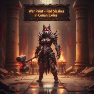 An anthropomorphic Husky character, themed around Conan Exiles, featuring bold red slashes of war paint on its face. The fantasy artwork represents character customization and aesthetic enhancements within the game.