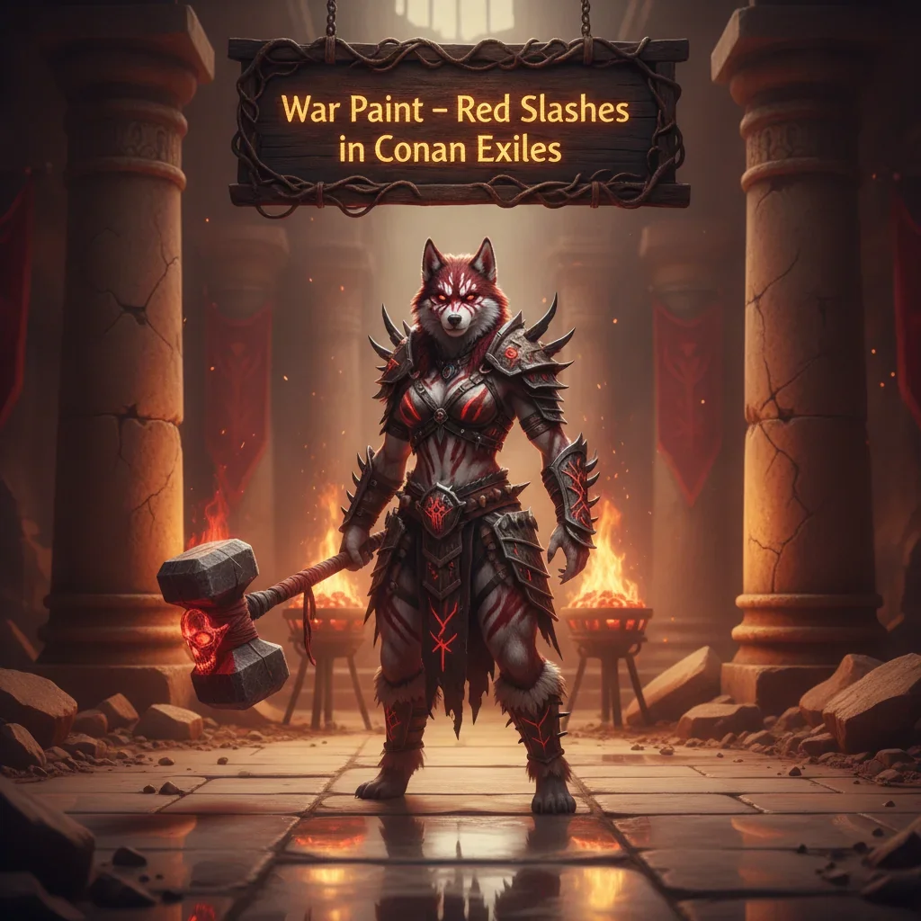 An anthropomorphic Husky character, themed around Conan Exiles, featuring bold red slashes of war paint on its face. The fantasy artwork represents character customization and aesthetic enhancements within the game.