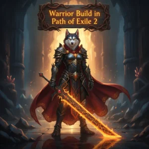Fantasy artwork featuring an armored anthropomorphic Husky in a dark, imposing environment, representing warrior build strength in Path of Exile 2.