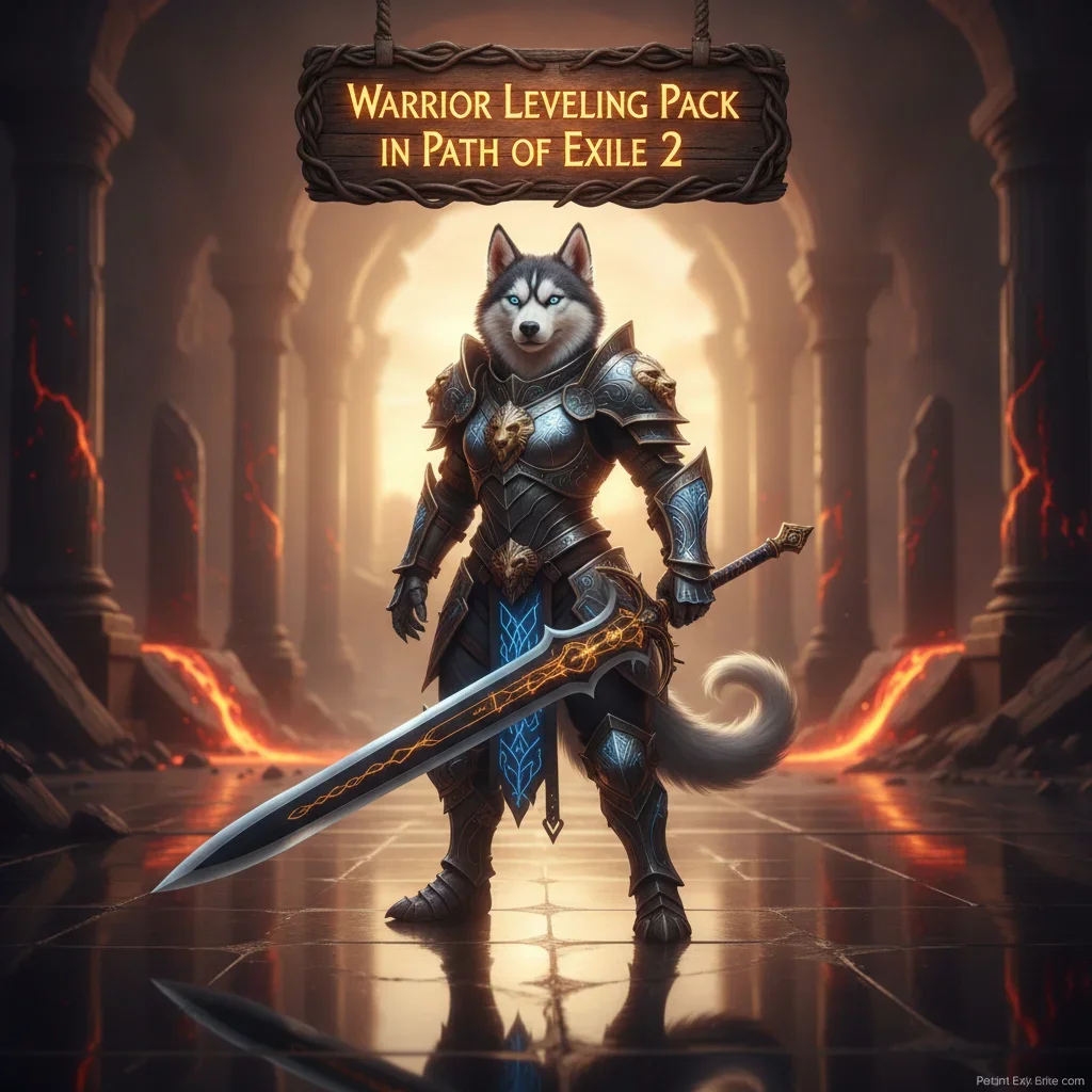An anthropomorphic Husky character in detailed fantasy warrior armor, positioned heroically in a mystical game environment, representing character leveling content.