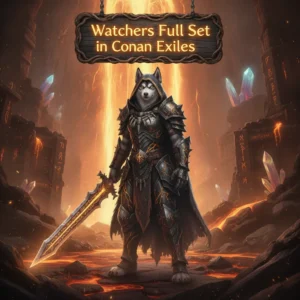 Anthropomorphic Husky character wearing fantasy armor inspired by Conan Exiles' Watchers Full Set, in a mystical setting. Artwork represents gear acquisition and character power objectives.