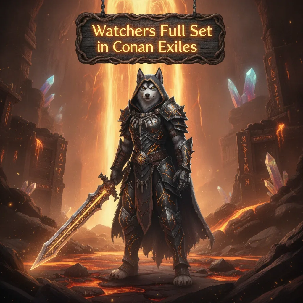 Anthropomorphic Husky character wearing fantasy armor inspired by Conan Exiles' Watchers Full Set, in a mystical setting. Artwork represents gear acquisition and character power objectives.