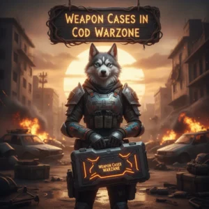 A fantasy game-inspired artwork showcasing an anthropomorphic husky in detailed armor, representing content related to weapon case acquisition and combat challenges.