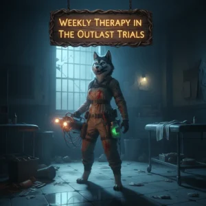 Fantasy artwork of an anthropomorphic husky character in a themed outfit, representing weekly therapy boost content in The Outlast Trials.
