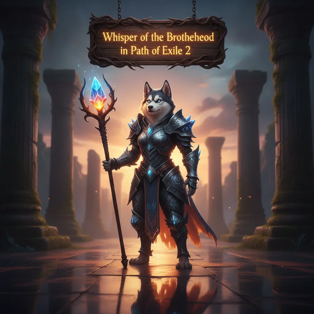 Fantasy artwork featuring an anthropomorphic Husky character in ornate, themed robes, representing the Brotherhood content in Path of Exile 2.