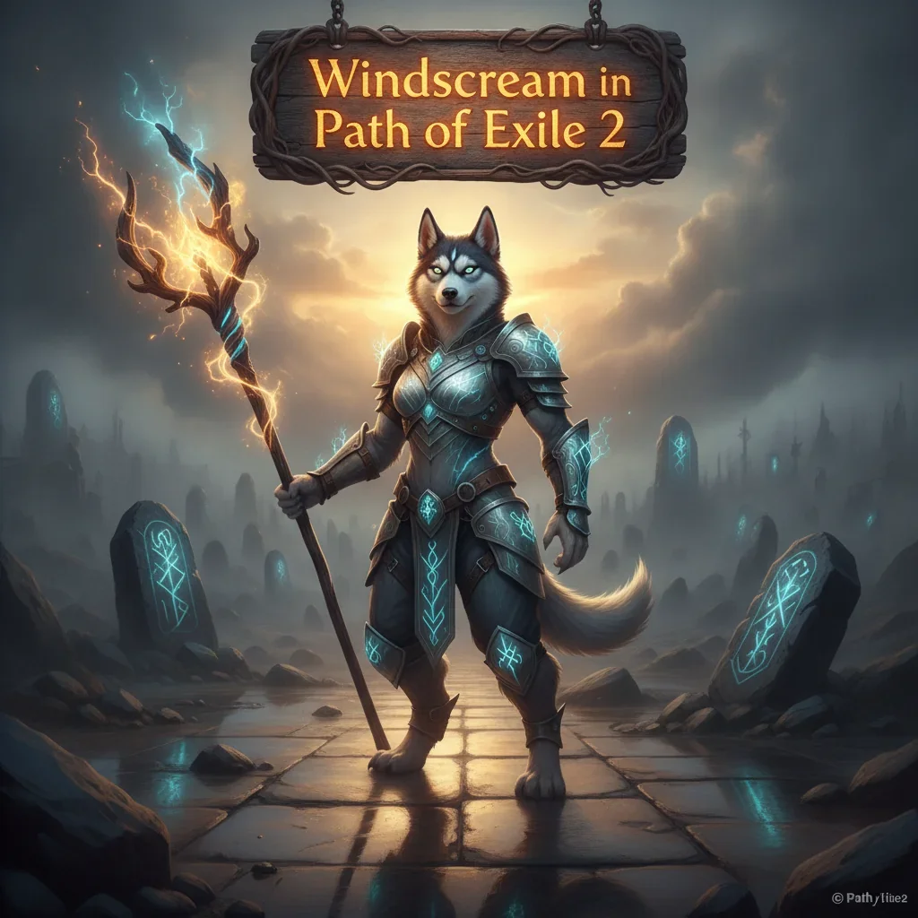 Fantasy artwork with an anthropomorphic Husky character in fantasy armor, surrounded by a swirling wind effect, representing Windscream ability progression in Path of Exile 2.