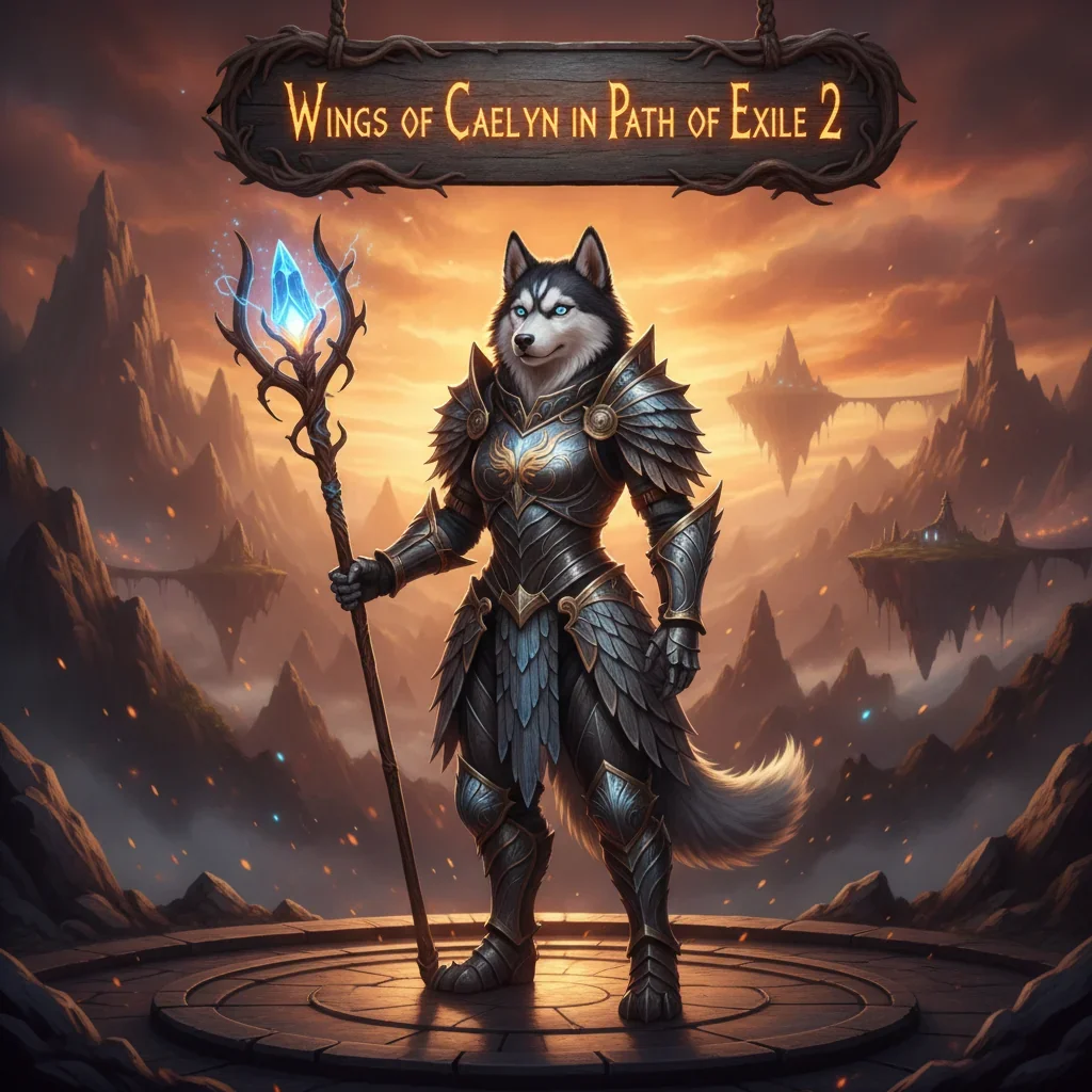 Fantasy artwork featuring an anthropomorphic Husky character in a powerful winged outfit, themed around character progression and unique ability acquisition in Path of Exile 2.