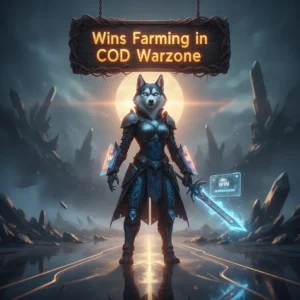 A majestic anthropomorphic husky character, adorned in fantasy armor, stands triumphantly in a mystical realm, representing content focused on achieving game wins and related objectives.