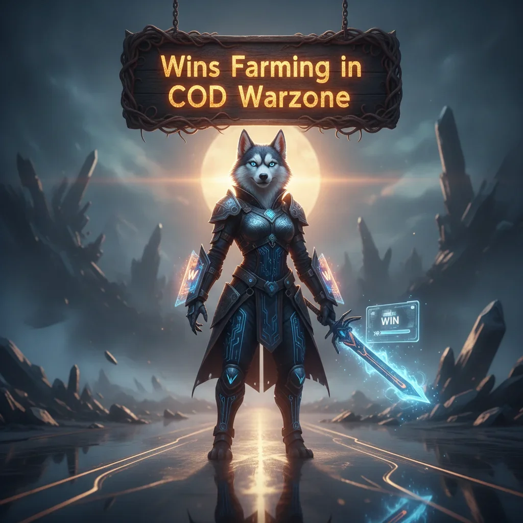 A majestic anthropomorphic husky character, adorned in fantasy armor, stands triumphantly in a mystical realm, representing content focused on achieving game wins and related objectives.