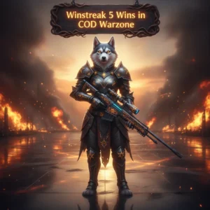 An anthropomorphic husky character in fantasy armor stands in a game-inspired setting, embodying the theme of achieving a competitive 5-win streak.