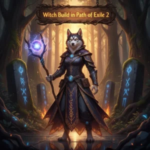 A fantasy artwork featuring an anthropomorphic Husky character in mystical robes, themed around Witch build enhancement and magical progression in Path of Exile 2 content.