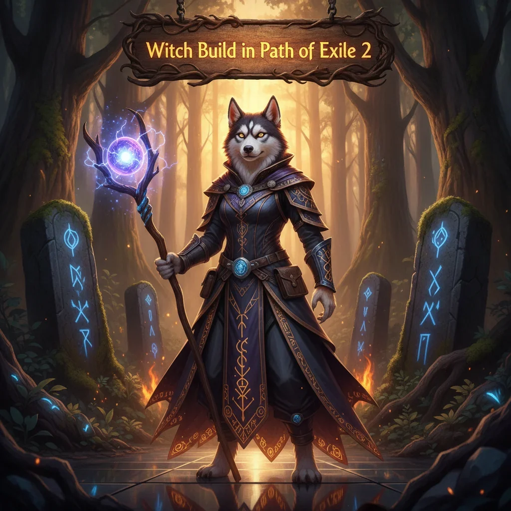 A fantasy artwork featuring an anthropomorphic Husky character in mystical robes, themed around Witch build enhancement and magical progression in Path of Exile 2 content.