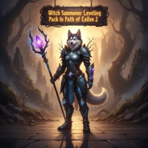 Fantasy artwork of an anthropomorphic Husky in dark summoner robes, representing Witch Summoner character development and leveling objectives in Path of Exile 2.