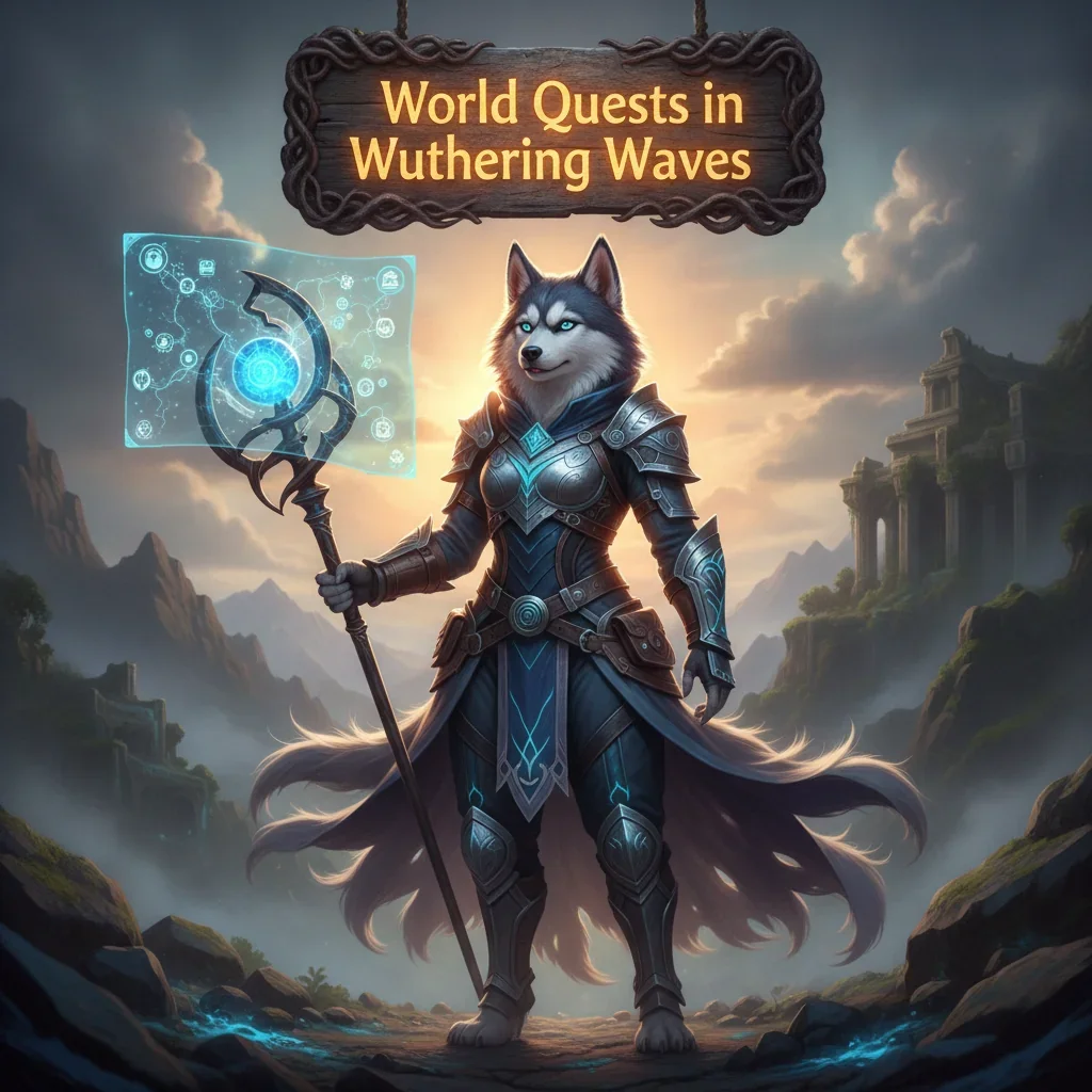 Anthropomorphic Husky in fantasy armor amidst mystical ruins, representing Wuthering Waves World Quest content and objectives.