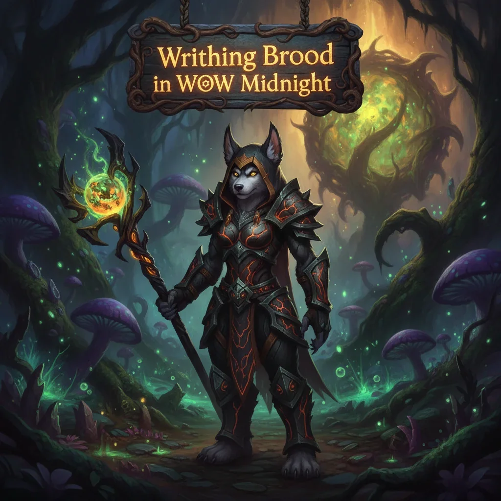 Anthropomorphic Husky character in fantasy armor, illuminated by eerie light, representing 'Writhing Brood' challenges in a dark 'WoW Midnight' setting.