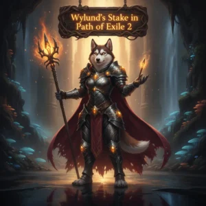 Fantasy artwork featuring an anthropomorphic husky character in intricate armor, set in a mystical Path of Exile 2 themed environment, focused on Wylund's Stake content.