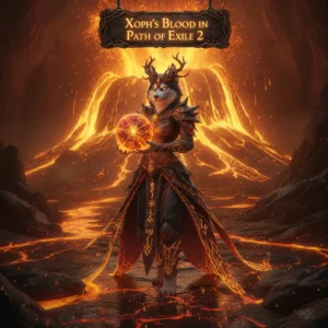 Artwork featuring an anthropomorphic Husky character in fantasy armor, representing Xoph's Blood unique item acquisition and character enhancement content in Path of Exile 2.