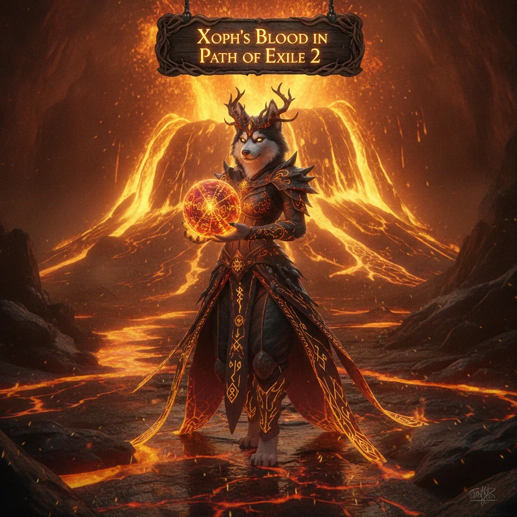 Artwork featuring an anthropomorphic Husky character in fantasy armor, representing Xoph's Blood unique item acquisition and character enhancement content in Path of Exile 2.