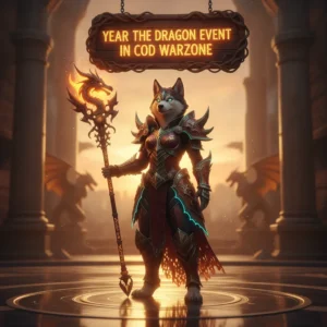 An anthropomorphic Husky character wearing themed fantasy armor, standing in an environment inspired by the Year of the Dragon event in COD Warzone, representing seasonal objectives and content.