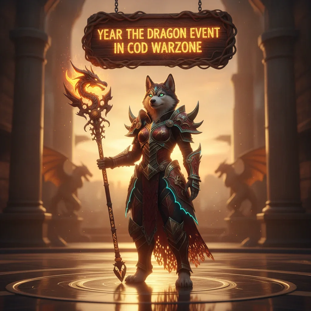An anthropomorphic Husky character wearing themed fantasy armor, standing in an environment inspired by the Year of the Dragon event in COD Warzone, representing seasonal objectives and content.
