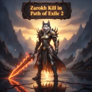 Fantasy artwork featuring an anthropomorphic husky character in detailed armor, set in a dark dungeon. This piece is inspired by the Zarokh Kill objective and challenging endgame content in Path of Exile 2.