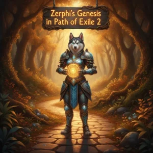 Fantasy artwork featuring an anthropomorphic husky character in intricate armor, representing Zerphi’s Genesis progression content in Path of Exile 2 within a mystical game environment.