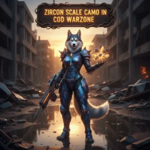 Fantasy artwork featuring an anthropomorphic husky character in intricate armor, representing Zircon Scale Camo weapon customization objectives in a game-inspired setting.
