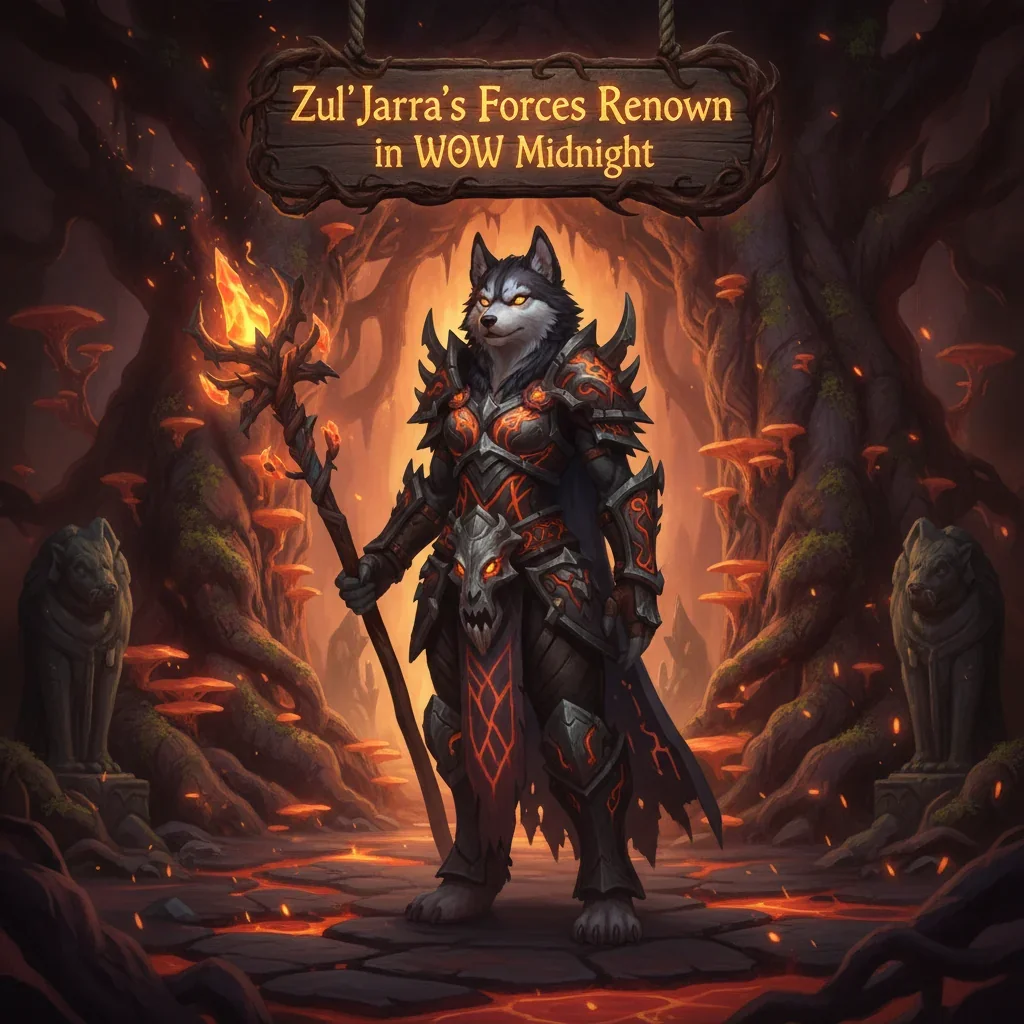 Anthropomorphic Husky in fantasy armor amidst a mystical setting, themed around Zul’Jarra’s Forces Renown content and game progression.