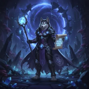 Anthropomorphic Husky character in fantasy armor within a deep dungeon, representing Mythic 0 Dungeons content for WoW Midnight. Artwork themed around objective-based challenges.