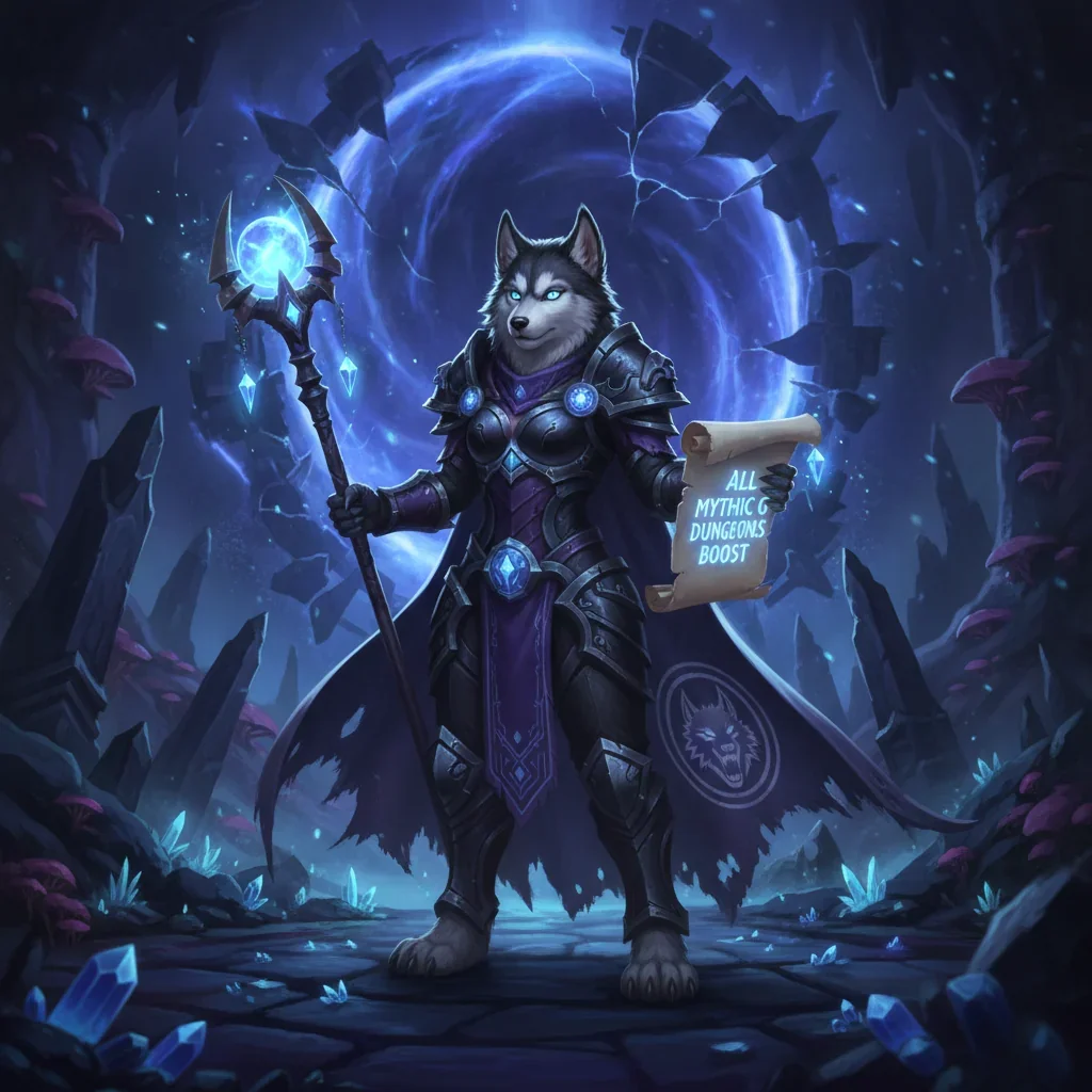 Anthropomorphic Husky character in fantasy armor within a deep dungeon, representing Mythic 0 Dungeons content for WoW Midnight. Artwork themed around objective-based challenges.
