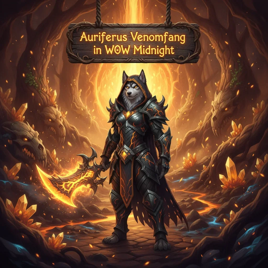 Fantasy artwork featuring an anthropomorphic husky character wearing ornate armor within a magical realm, representing the Auriferous Venomfang challenge and related content completion objectives.