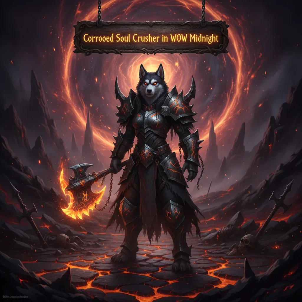 Fantasy artwork depicting an anthropomorphic husky character in a dark, magical World of Warcraft Midnight setting, representing the Corroded Soul Crusher item and its related game content objectives.