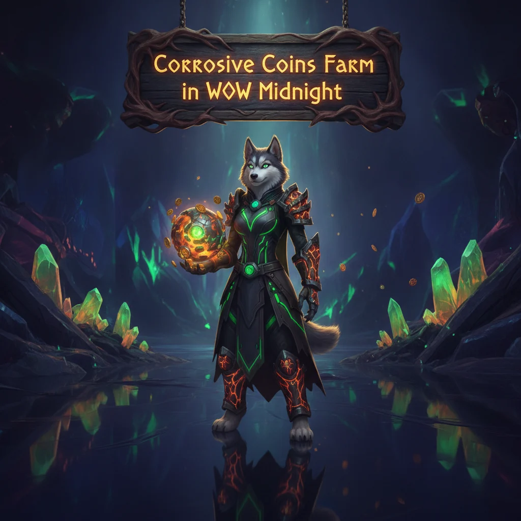 Promotional image for Corrosive Coins Farm Boost in WoW Midnight, showing the service offered for this World of Warcraft Midnight content.