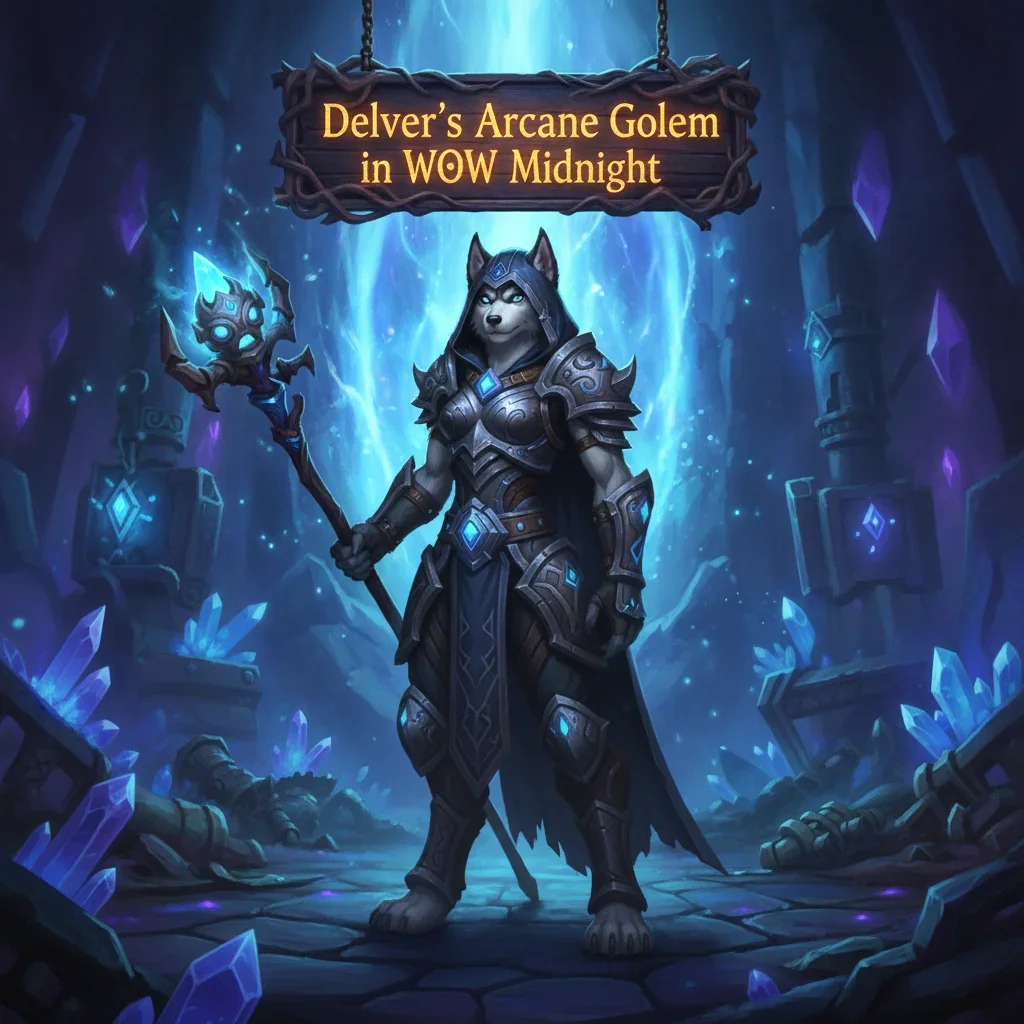 Fantasy artwork featuring an anthropomorphic Husky adventurer in mystical robes, themed around the Delver's Arcane Golem enhancement content in WoW Midnight.