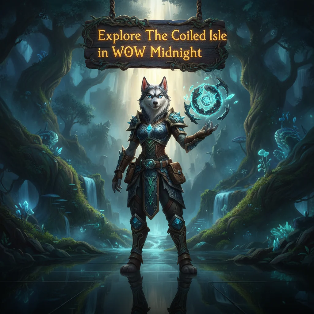 Fantasy artwork showing a powerful hero on a vibrant, untamed island. Exotic flora, menacing creatures, and glowing magic illustrate accelerated progression into a challenging new zone.