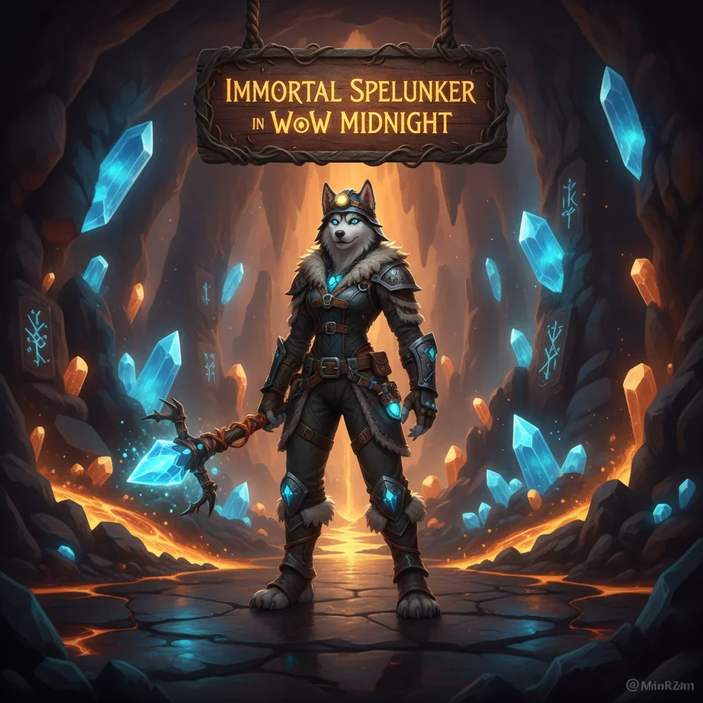 Fantasy artwork depicting an anthropomorphic Husky character in ornate explorer's gear, ready for challenging spelunking content in a dark, mystical cave setting related to WoW Midnight.