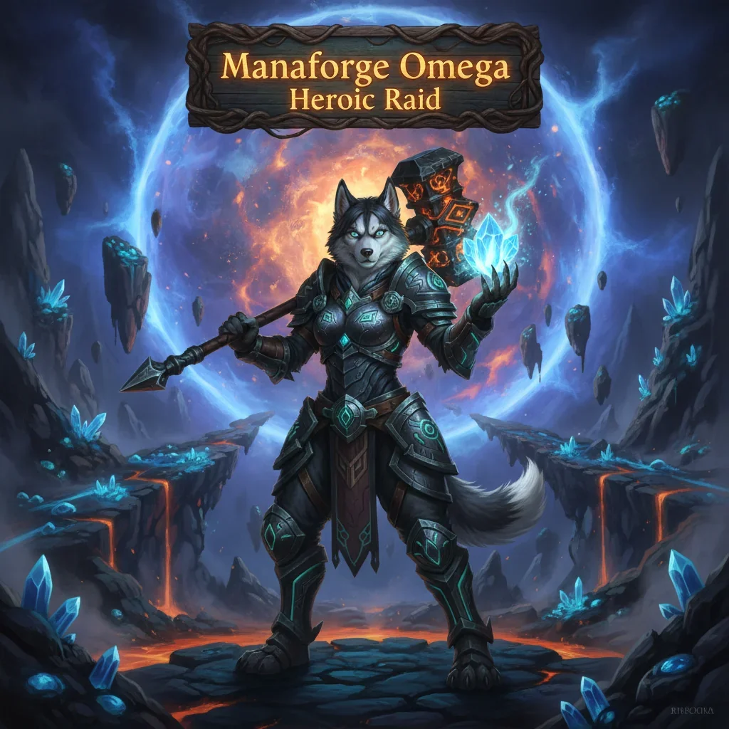 Fantasy artwork featuring an anthropomorphic Husky character, themed around a heroic raid boost in a game environment.