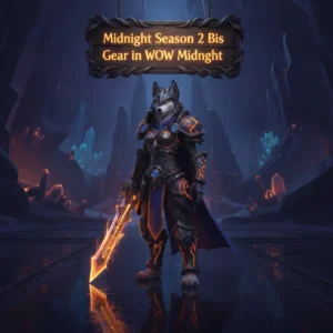 A formidable hero in intricately designed, glowing best-in-slot armor, wielding a powerful weapon, standing ready against a backdrop of a shadowy, mystical realm under a pale moon. This artwork symbolizes the ultimate power and preparedness for the new competitive season in a fantasy MMORPG.