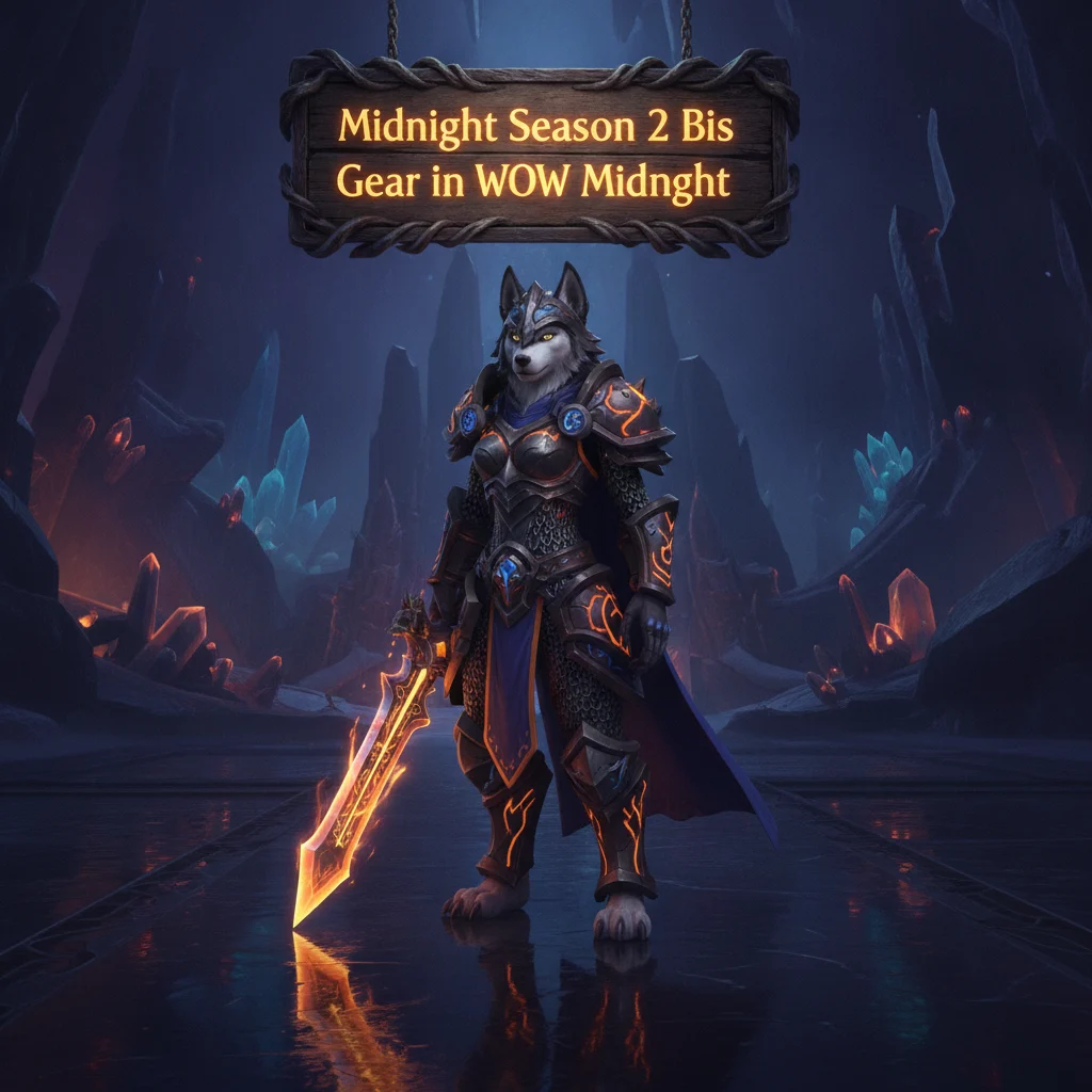 A formidable hero in intricately designed, glowing best-in-slot armor, wielding a powerful weapon, standing ready against a backdrop of a shadowy, mystical realm under a pale moon. This artwork symbolizes the ultimate power and preparedness for the new competitive season in a fantasy MMORPG.