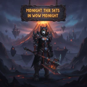 Fantasy artwork featuring an anthropomorphic Husky character wearing elaborate armor, representing the challenge of collecting Midnight Tier Sets in a dark, magical game world.