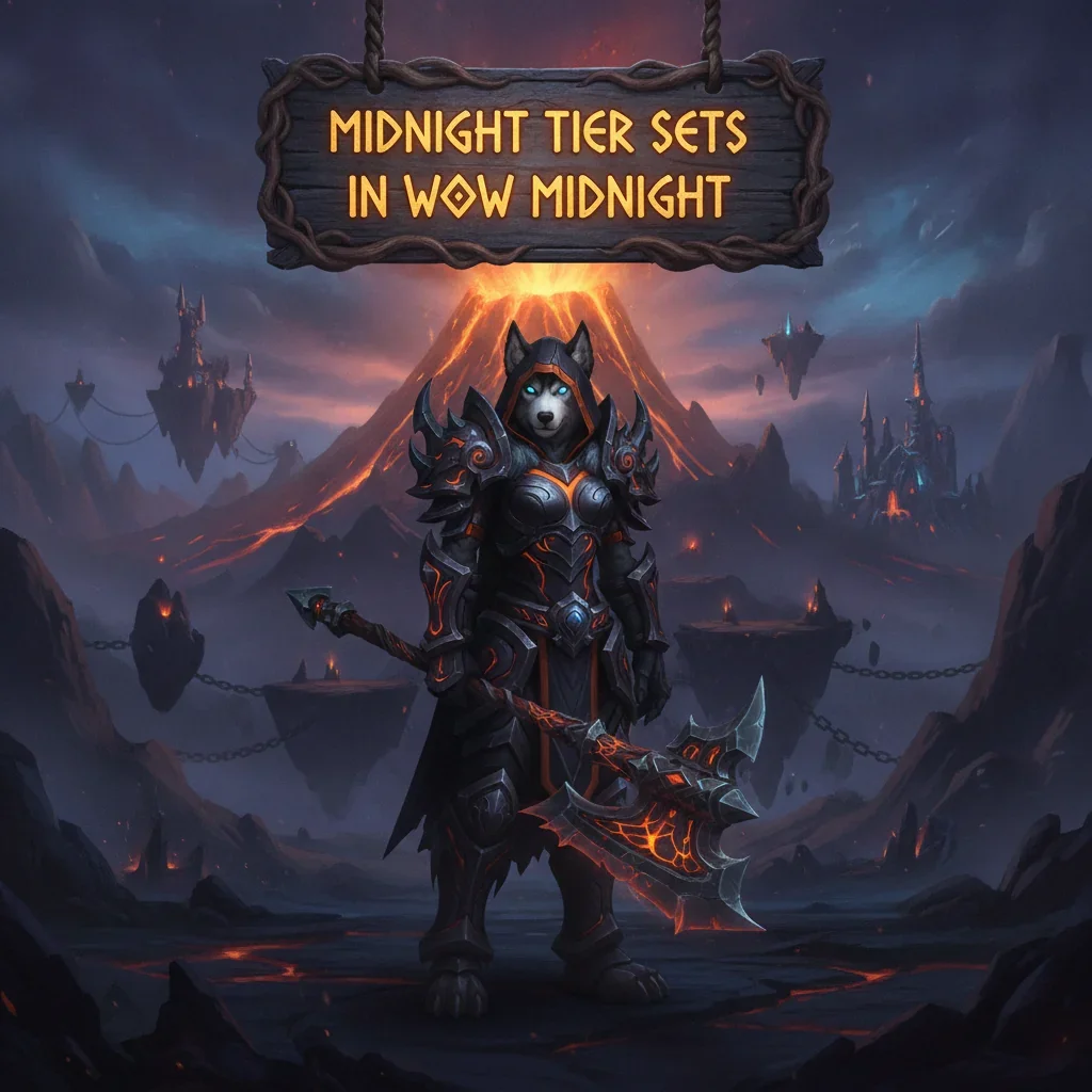 Fantasy artwork featuring an anthropomorphic Husky character wearing elaborate armor, representing the challenge of collecting Midnight Tier Sets in a dark, magical game world.