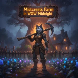 Anthropomorphic Husky character in fantasy clothing, within a vibrant mystical farm environment, themed around Mistcrests Farm content in WoW Midnight.