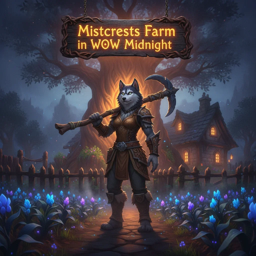 Anthropomorphic Husky character in fantasy clothing, within a vibrant mystical farm environment, themed around Mistcrests Farm content in WoW Midnight.