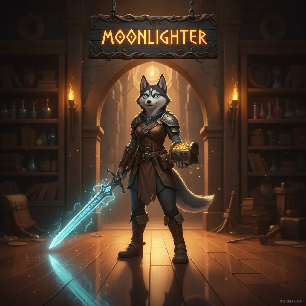 Fantasy artwork featuring an anthropomorphic Husky character, themed around Moonlighter Boost in World of Warcraft Midnight content.