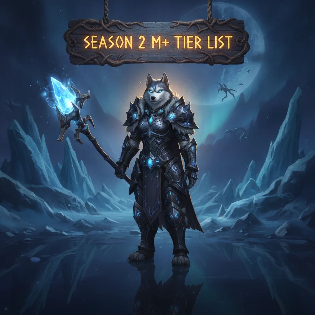Promotional image for Official Season 2 M+ Tier List in Midnight 12.1, showing the season 2 Mythic+ tier list theme.