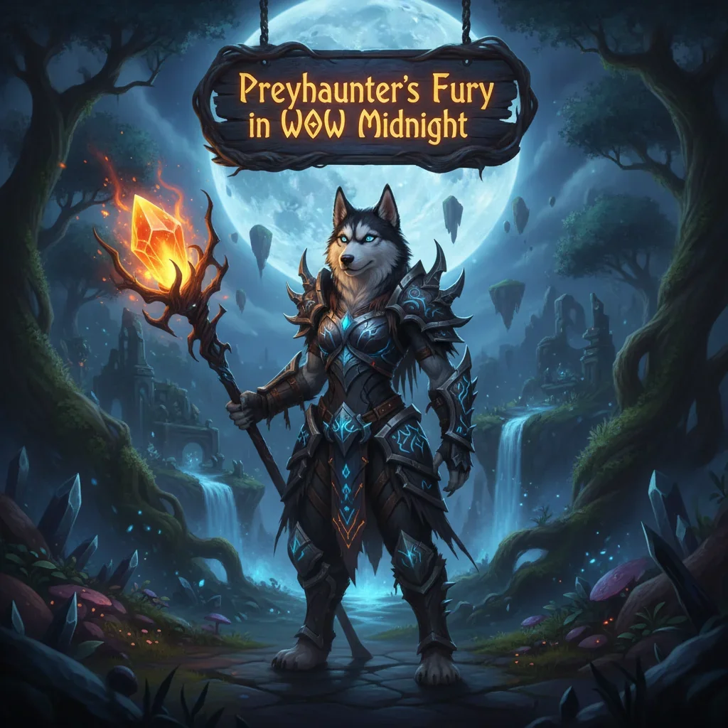 Fantasy artwork of an anthropomorphic husky in themed armor, representing Preyhunter's Fury content and progression systems from World of Warcraft Midnight.