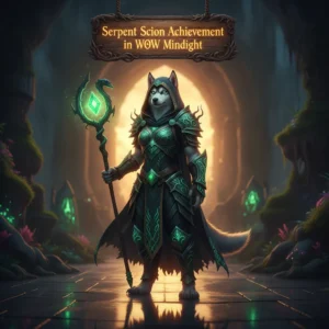 Promotional artwork depicting a heroic character adorned with serpentine armor and glowing eyes, surrounded by ancient, mystical ruins, celebrating a new achievement boost in a dark fantasy setting.