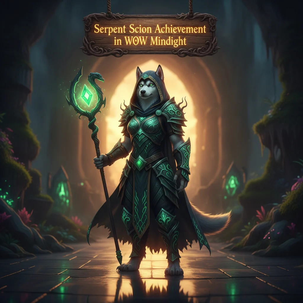 Promotional artwork depicting a heroic character adorned with serpentine armor and glowing eyes, surrounded by ancient, mystical ruins, celebrating a new achievement boost in a dark fantasy setting.
