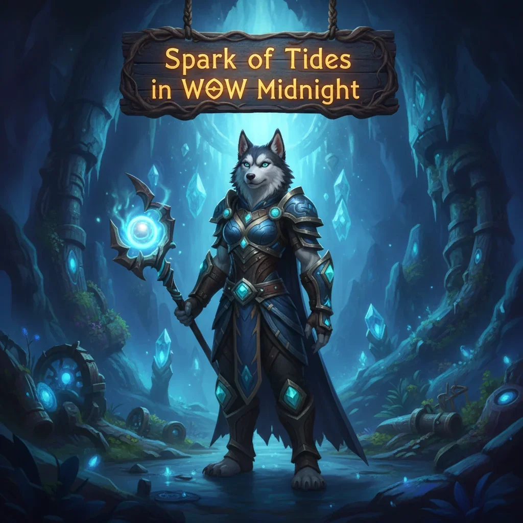 Fantasy artwork featuring an anthropomorphic husky mage amidst swirling mystical water, inspired by WoW Midnight's tide-related challenges and elemental power progression.