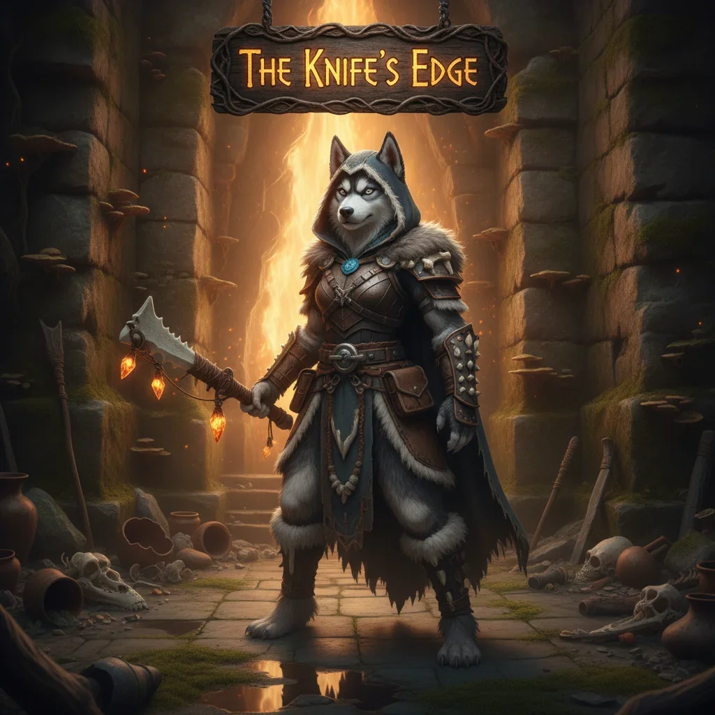 A fierce anthropomorphic husky character in fantasy armor amidst a dark, stylized game environment, representing high-stakes challenges.